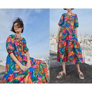 Farm Rio | Banana Mix Cross Stitch Midi Dress | Tropical Print |  Sz XS